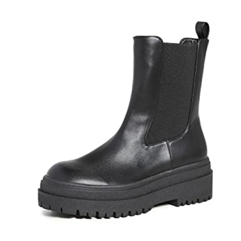 Good American Chelsea Black Leather Pull on Platform Boots New Size 12